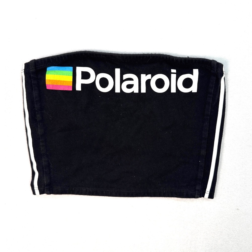 Polaroid Women Black Tube Top Rainbow Logo Strapless Crop Top Small Retro Y2K